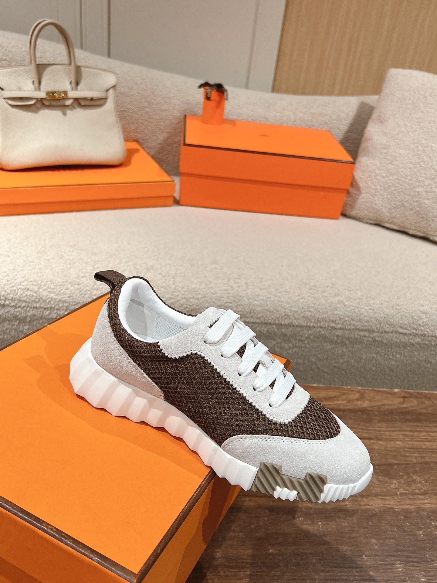 HERMES MAINLAND SNEAKER IN PALE GRAY SUEDE AND MOCHA BROWN BREATHABLE MESH FABRIC