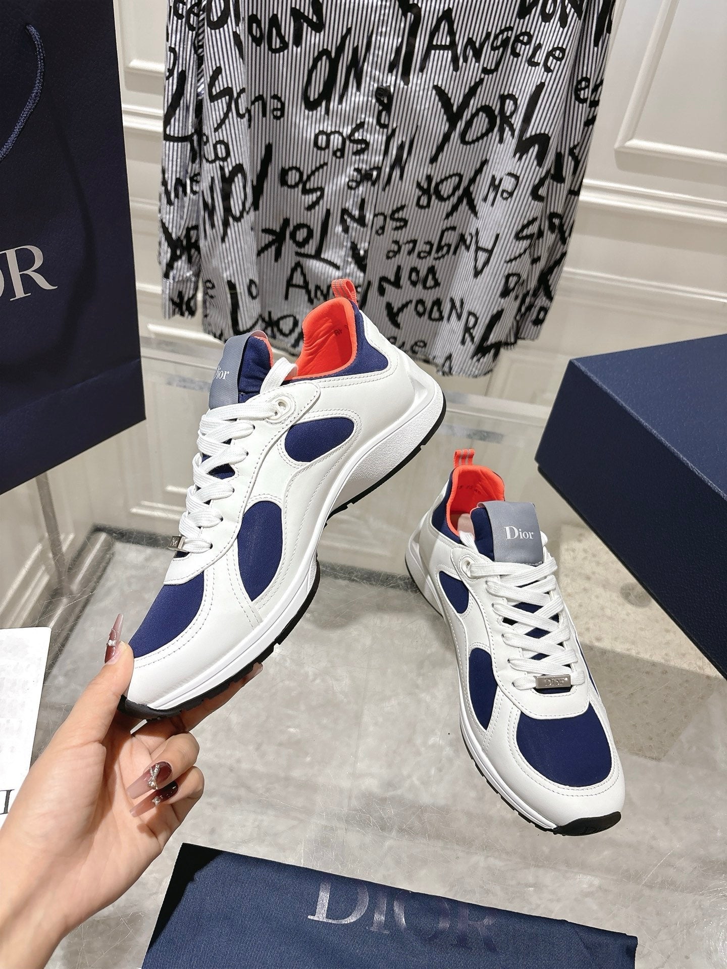 DIOR 25S MILE SERIES SNEAKERS 25MM IN WHITE BLUE CALFSKIN