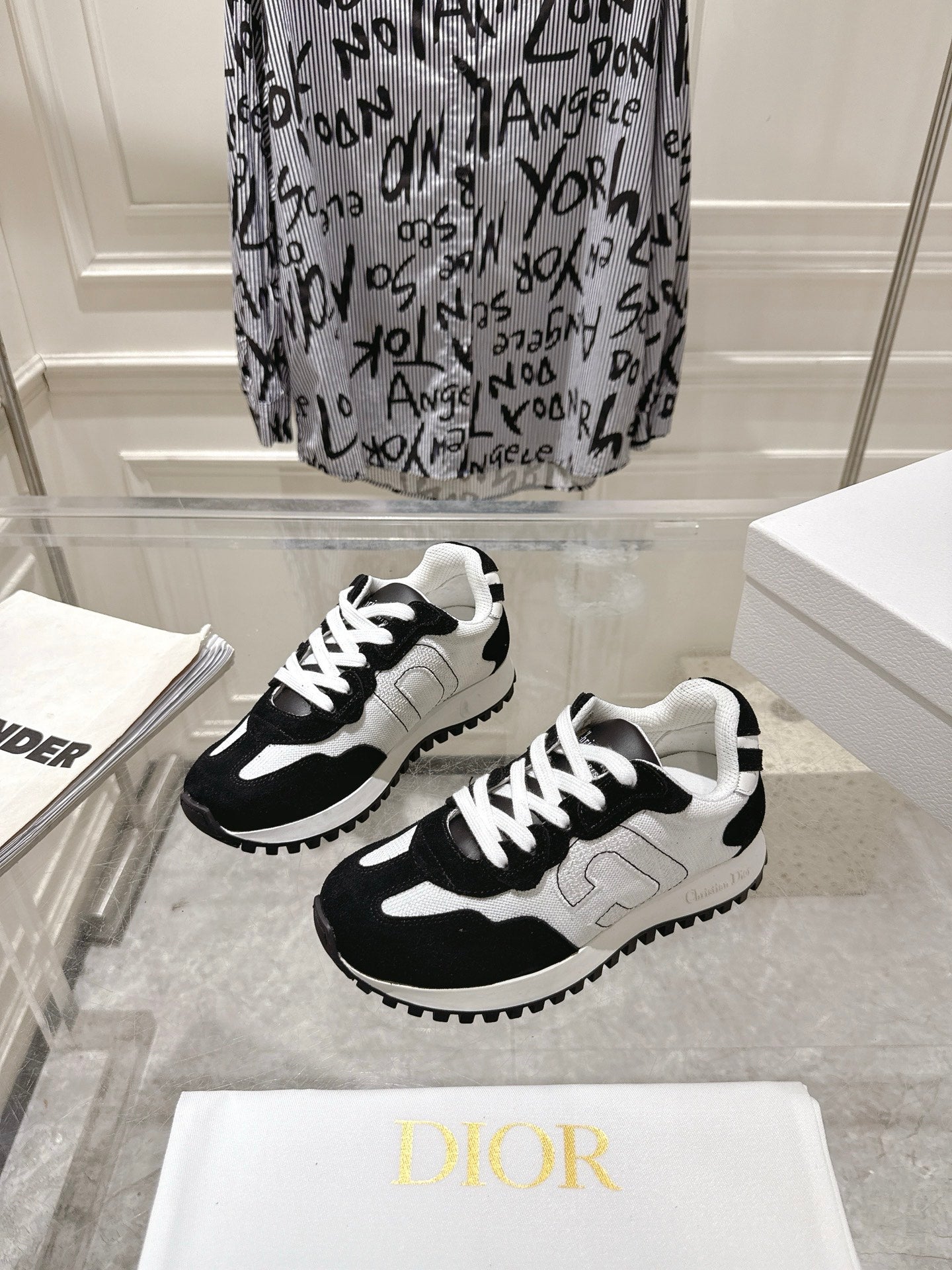 DIOR 25S C'EST  SNEAKER IN WHITE BLACK CALFSKIN AND SUEDE
