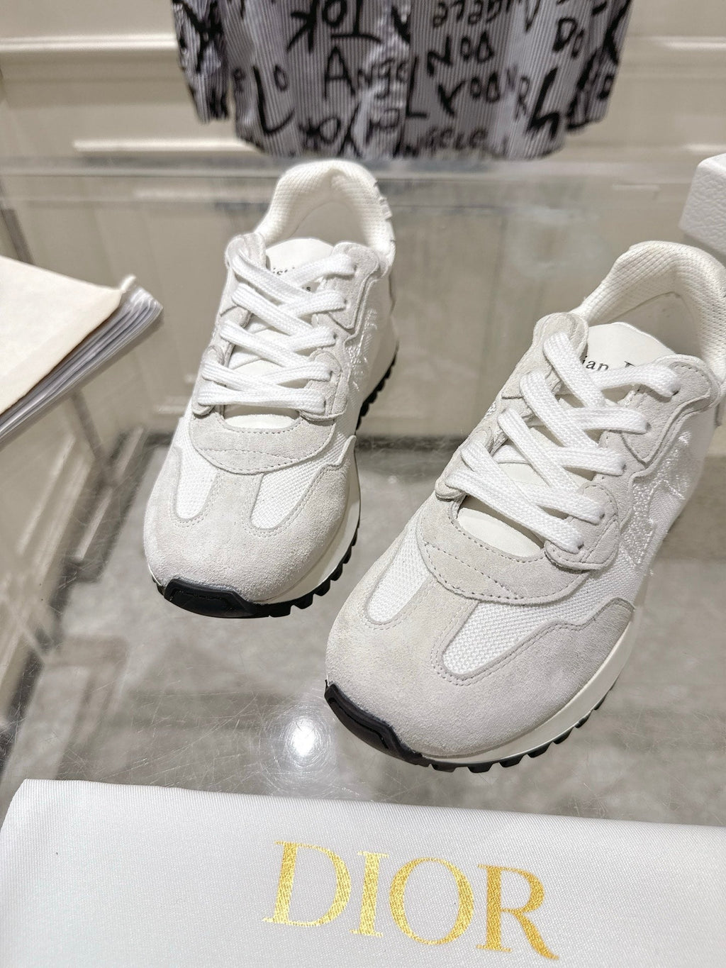 DIOR 25S C'EST  SNEAKER IN WHITE LIGHT GRAY CALFSKIN AND SUEDE