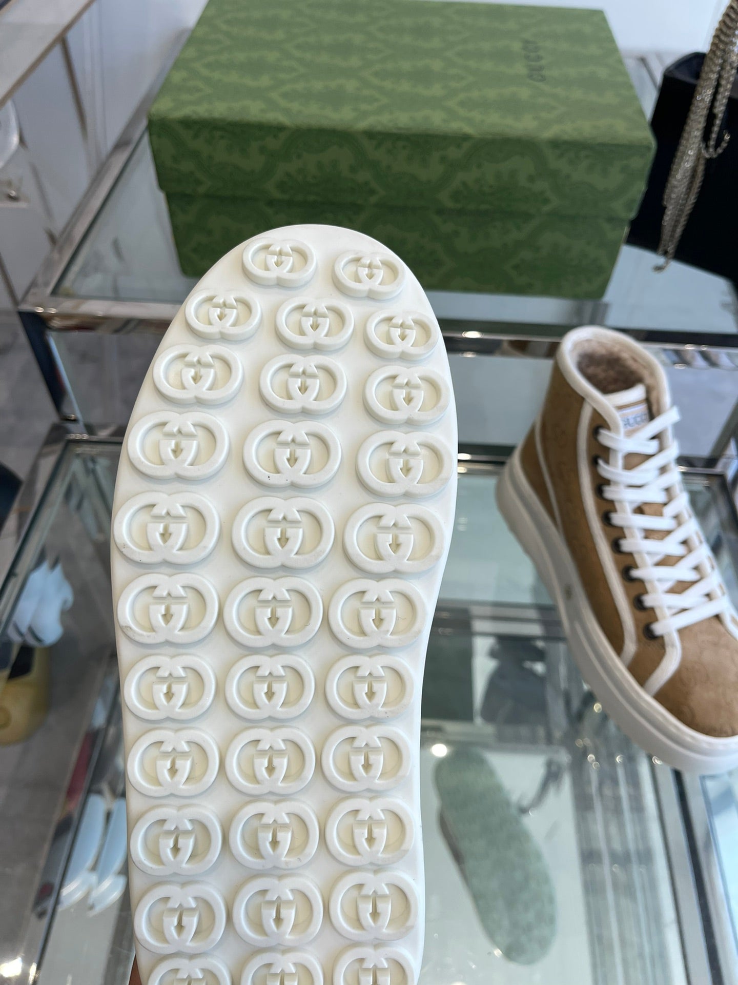 GUCCI HIGH TOP SNEAKER IN CAMEL BROWN CANVAS WITH BEIGE FLEECE LINING