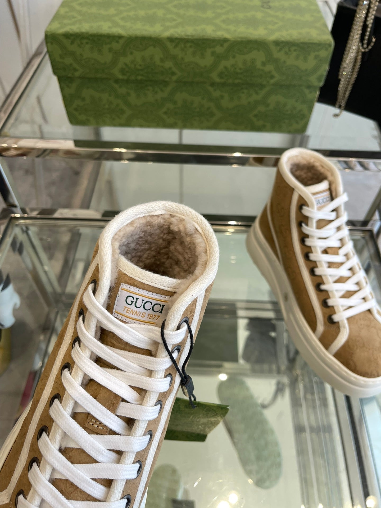 GUCCI HIGH TOP SNEAKER IN CAMEL BROWN CANVAS WITH BEIGE FLEECE LINING
