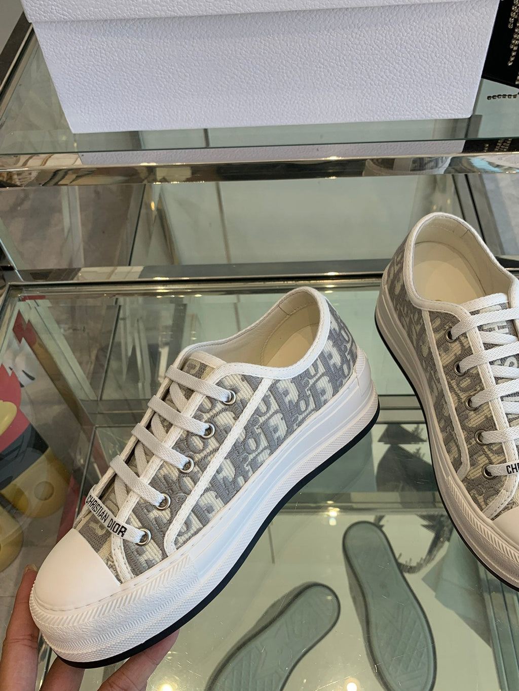 DIOR WALK'N PLATFORM SNEAKER IN DOLPHIN GRAY EMBROIDERY ICONIC PATTERNS FABRIC