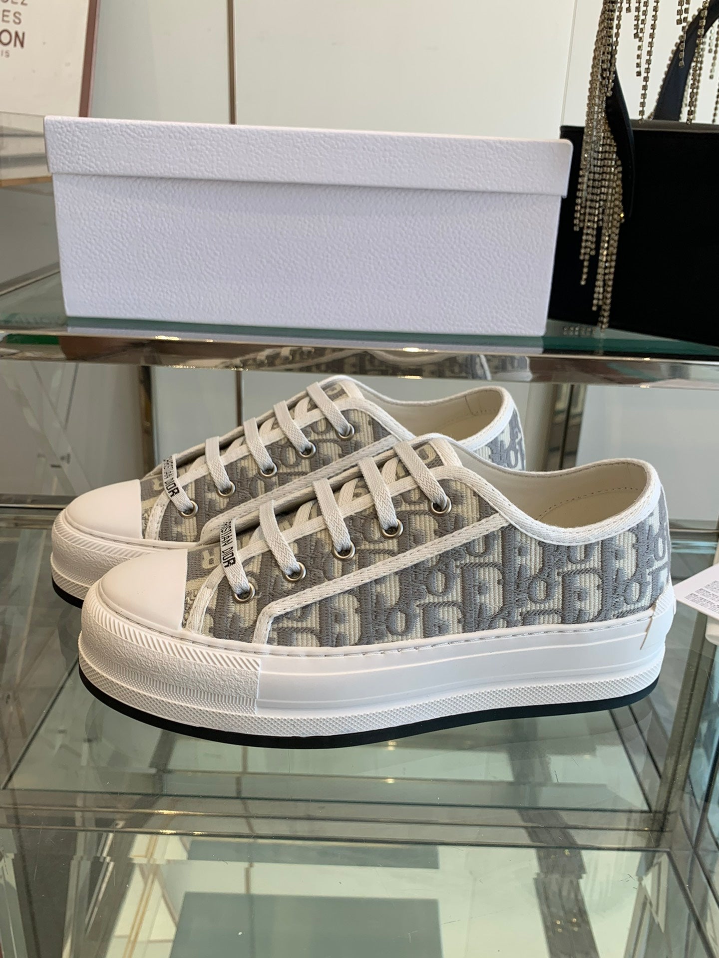 DIOR WALK'N PLATFORM SNEAKER IN DOLPHIN GRAY EMBROIDERY ICONIC PATTERNS FABRIC