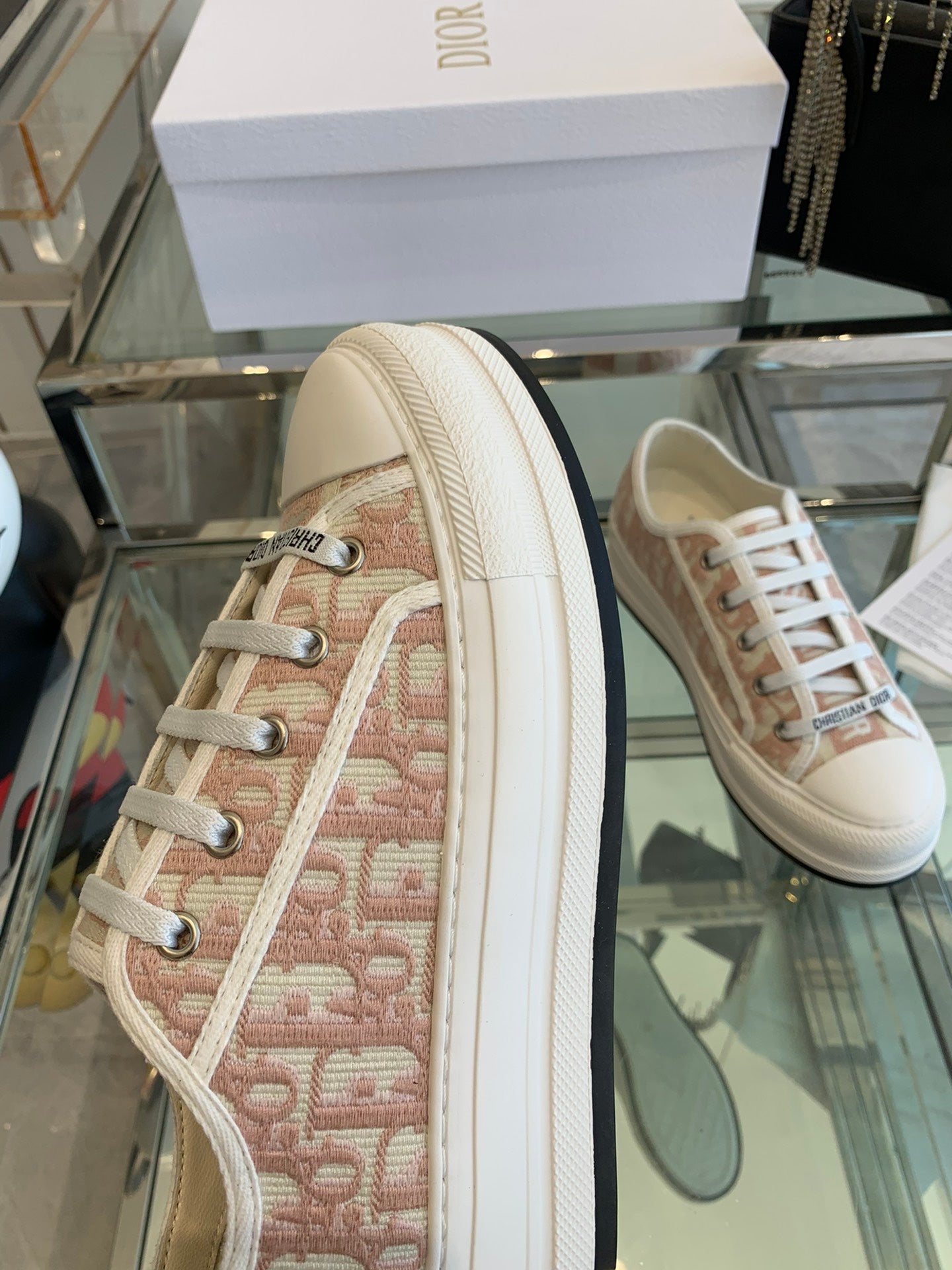 DIOR WALK'N PLATFORM SNEAKER IN IN LIGHT PINK EMBROIDERY ICONIC PATTERNS FABRIC