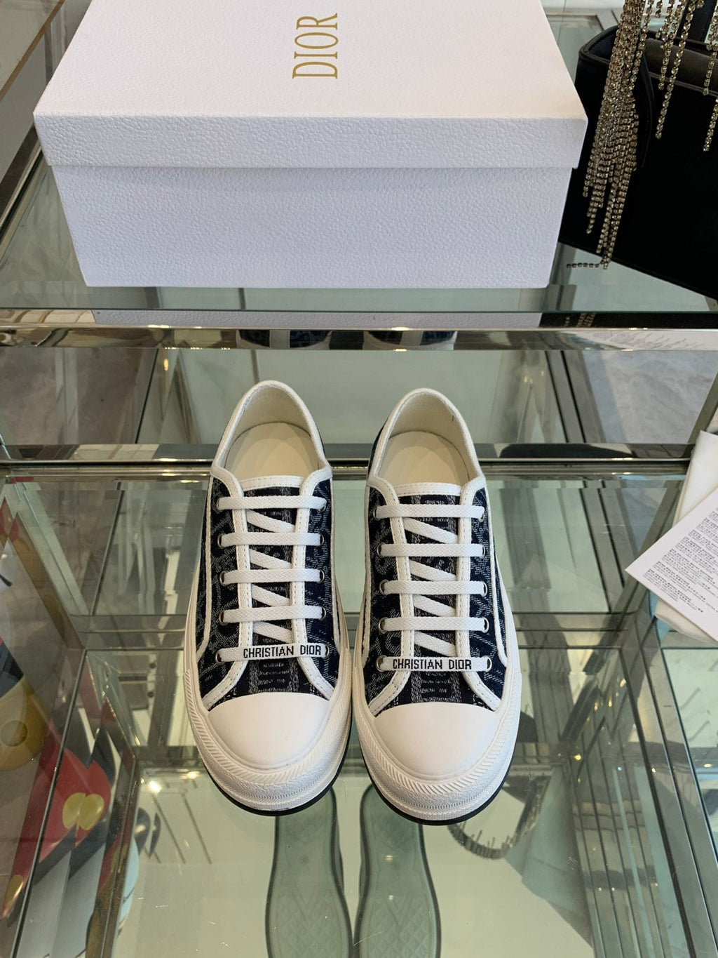 DIOR WALK'N PLATFORM SNEAKER IN IN NAVY BLUE EMBROIDERY ICONIC PATTERNS FABRIC
