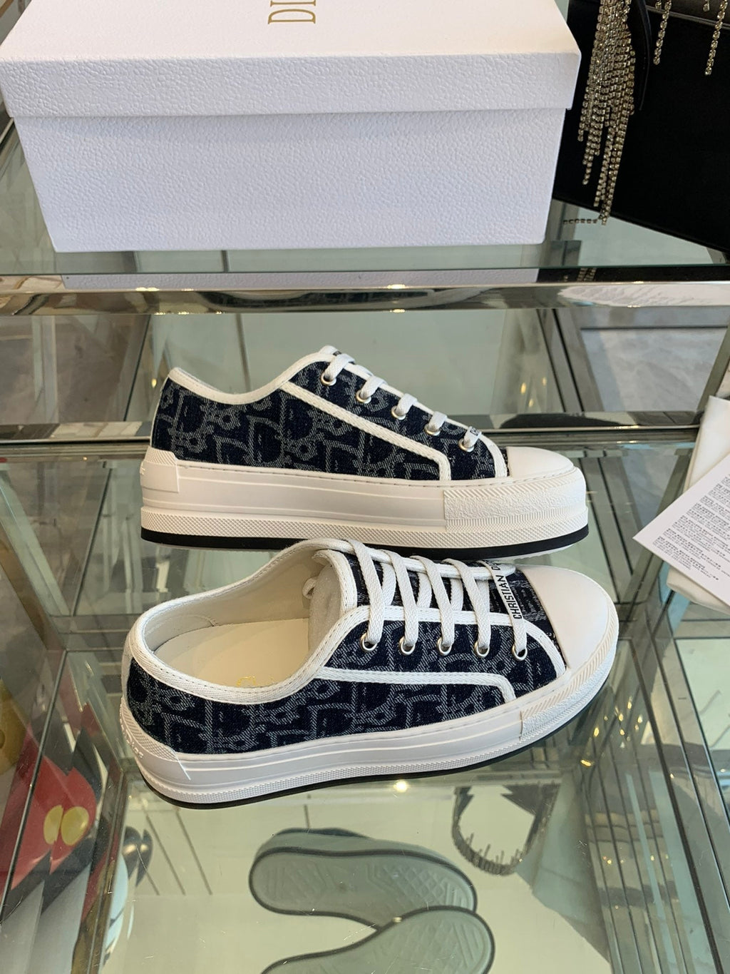 DIOR WALK'N PLATFORM SNEAKER IN IN NAVY BLUE EMBROIDERY ICONIC PATTERNS FABRIC