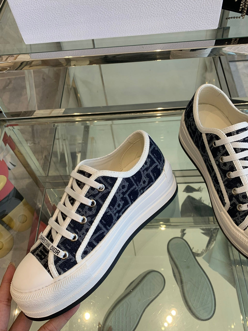 DIOR WALK'N PLATFORM SNEAKER IN IN NAVY BLUE EMBROIDERY ICONIC PATTERNS FABRIC