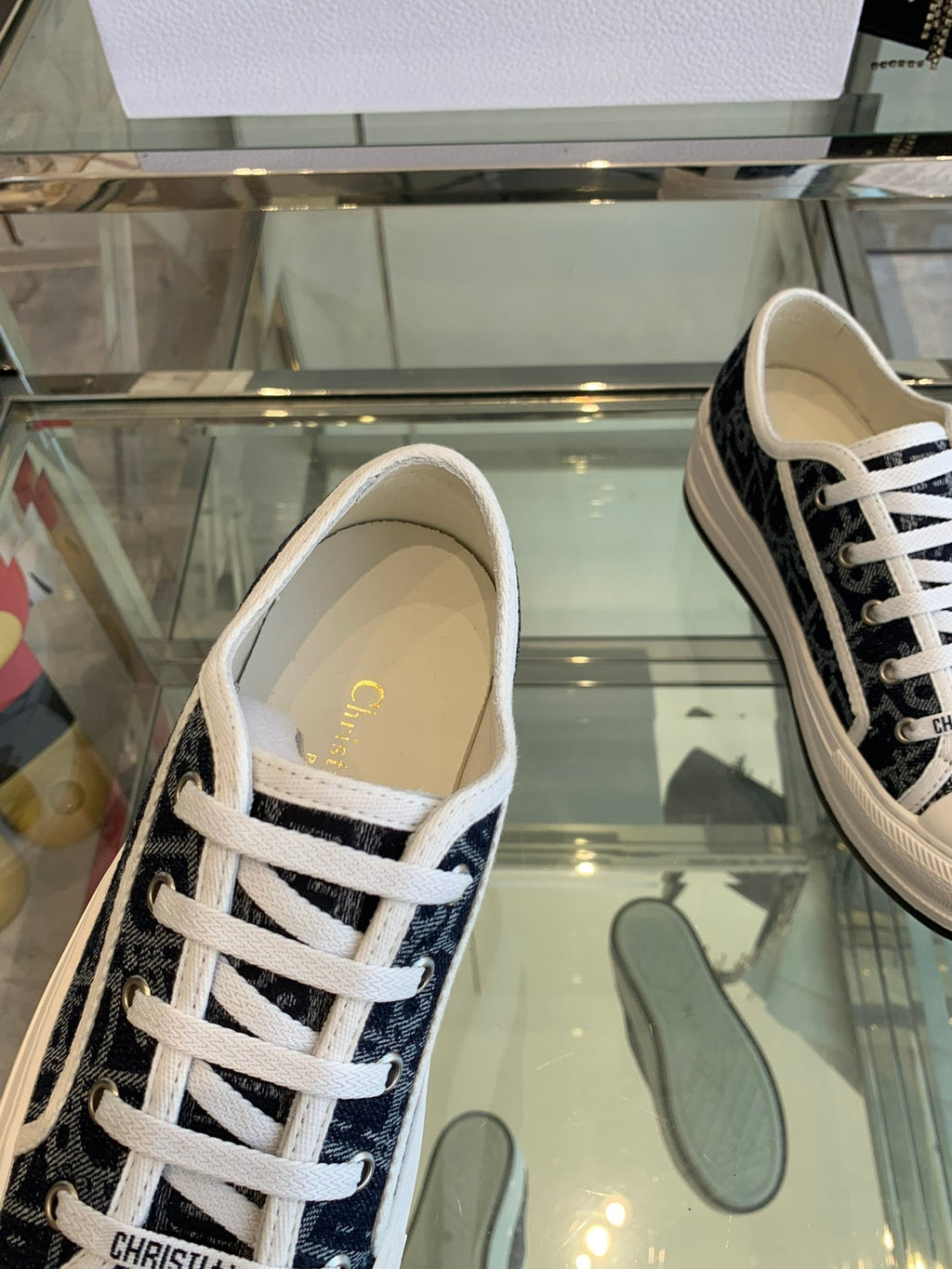 DIOR WALK'N PLATFORM SNEAKER IN IN NAVY BLUE EMBROIDERY ICONIC PATTERNS FABRIC