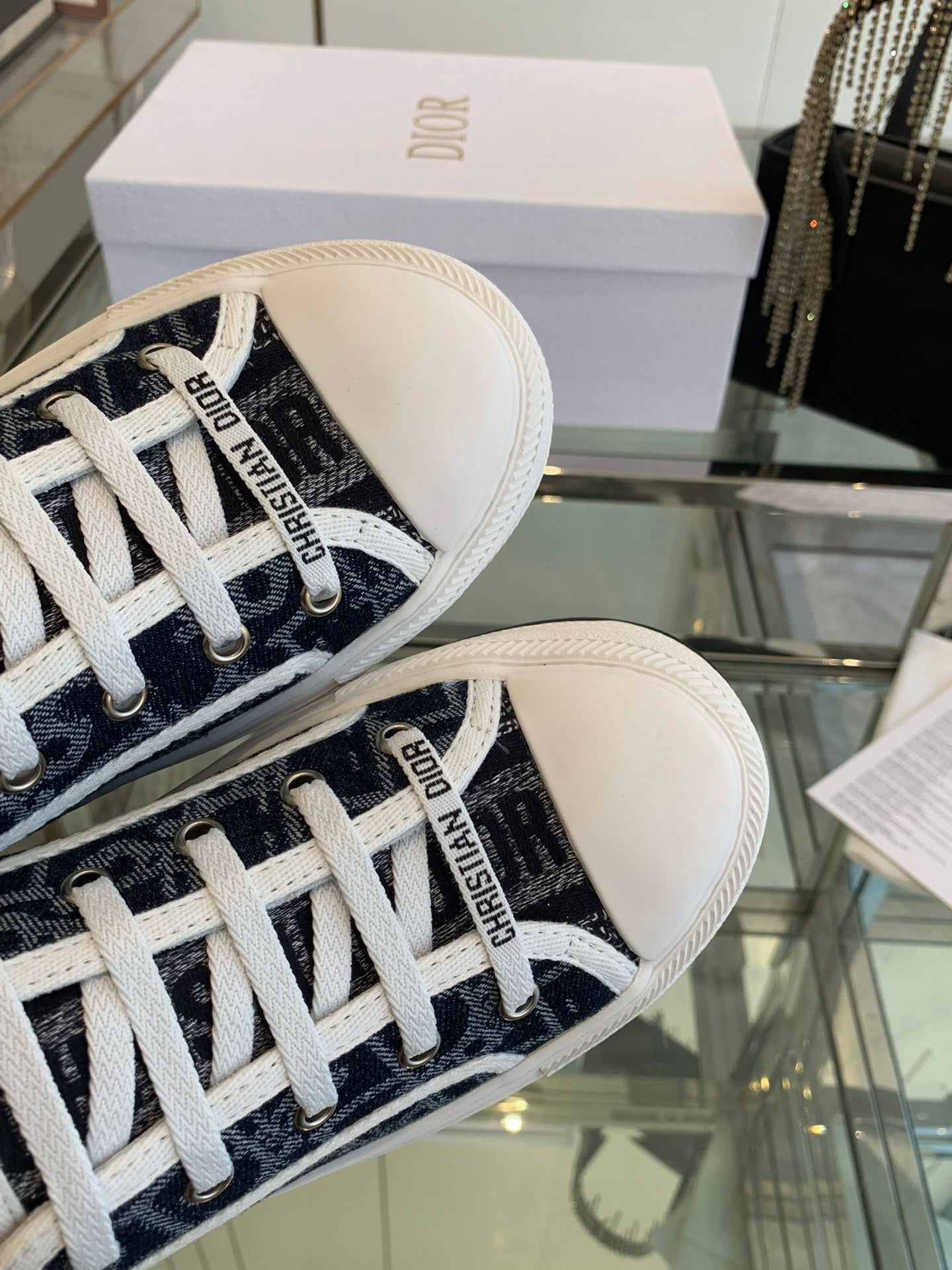 DIOR WALK'N PLATFORM SNEAKER IN IN NAVY BLUE EMBROIDERY ICONIC PATTERNS FABRIC