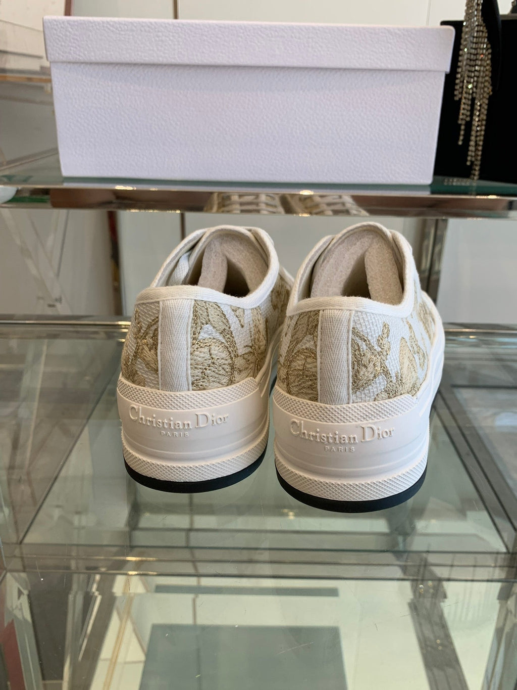 DIOR WALK'N PLATFORM SNEAKER IN WHITE-GOLD TONE EMBROIDERED FABRIC
