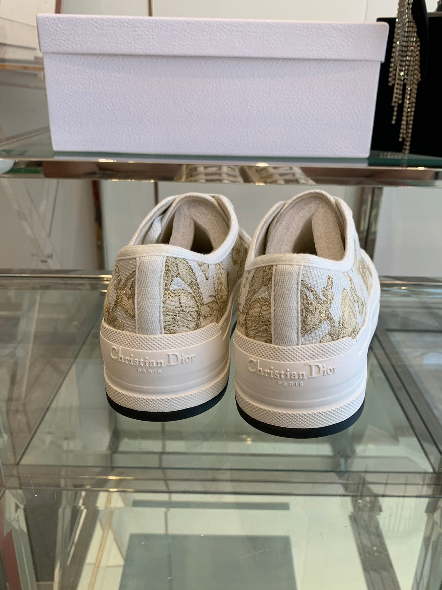 DIOR WALK'N PLATFORM SNEAKER IN WHITE-GOLD TONE EMBROIDERED FABRIC