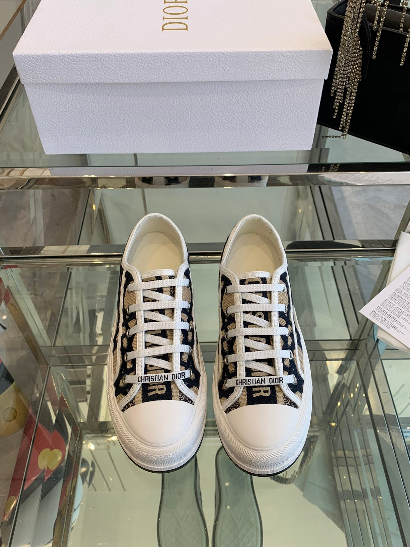 DIOR WALK'N PLATFORM SNEAKER IN CAMEL BEIGE MIX BLACK EMBROIDERED FABRIC