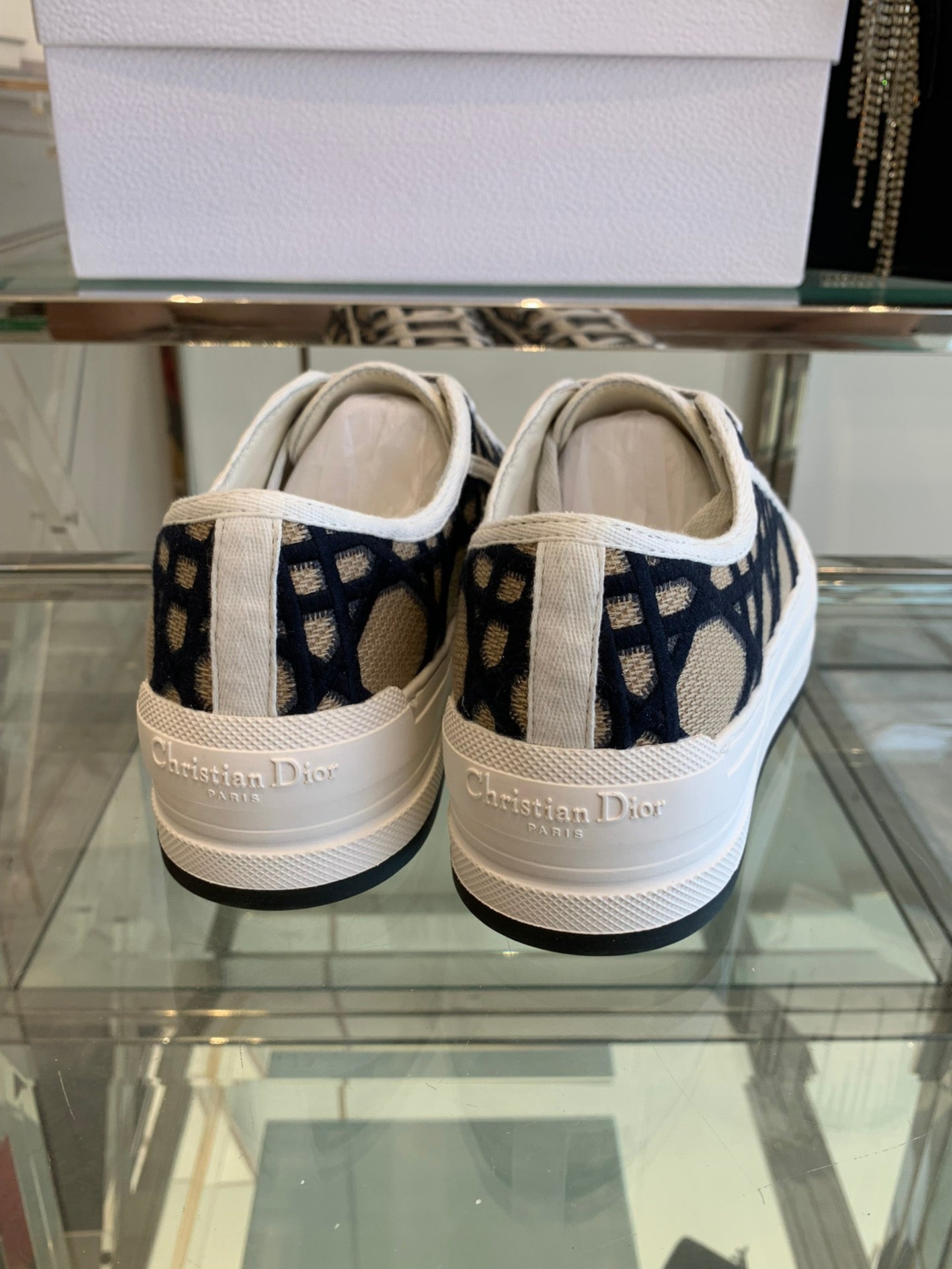 DIOR WALK'N PLATFORM SNEAKER IN CAMEL BEIGE MIX BLACK EMBROIDERED FABRIC