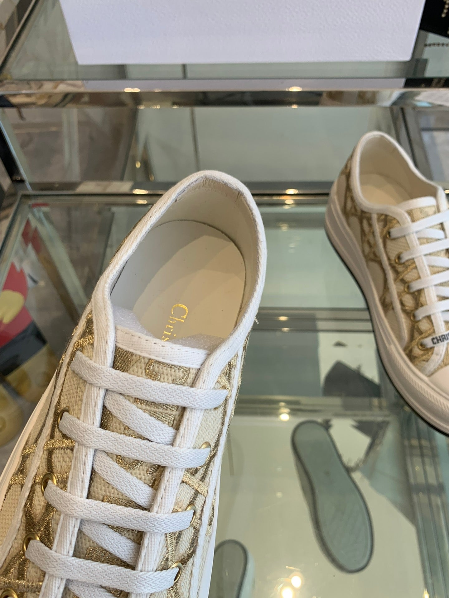 DIOR WALK'N PLATFORM SNEAKER IN BEIGE-GOLD TONE EMBROIDERED FABRIC