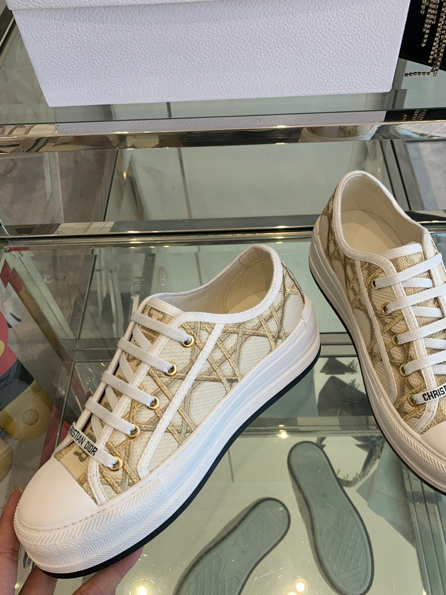 DIOR WALK'N PLATFORM SNEAKER IN BEIGE-GOLD TONE EMBROIDERED FABRIC