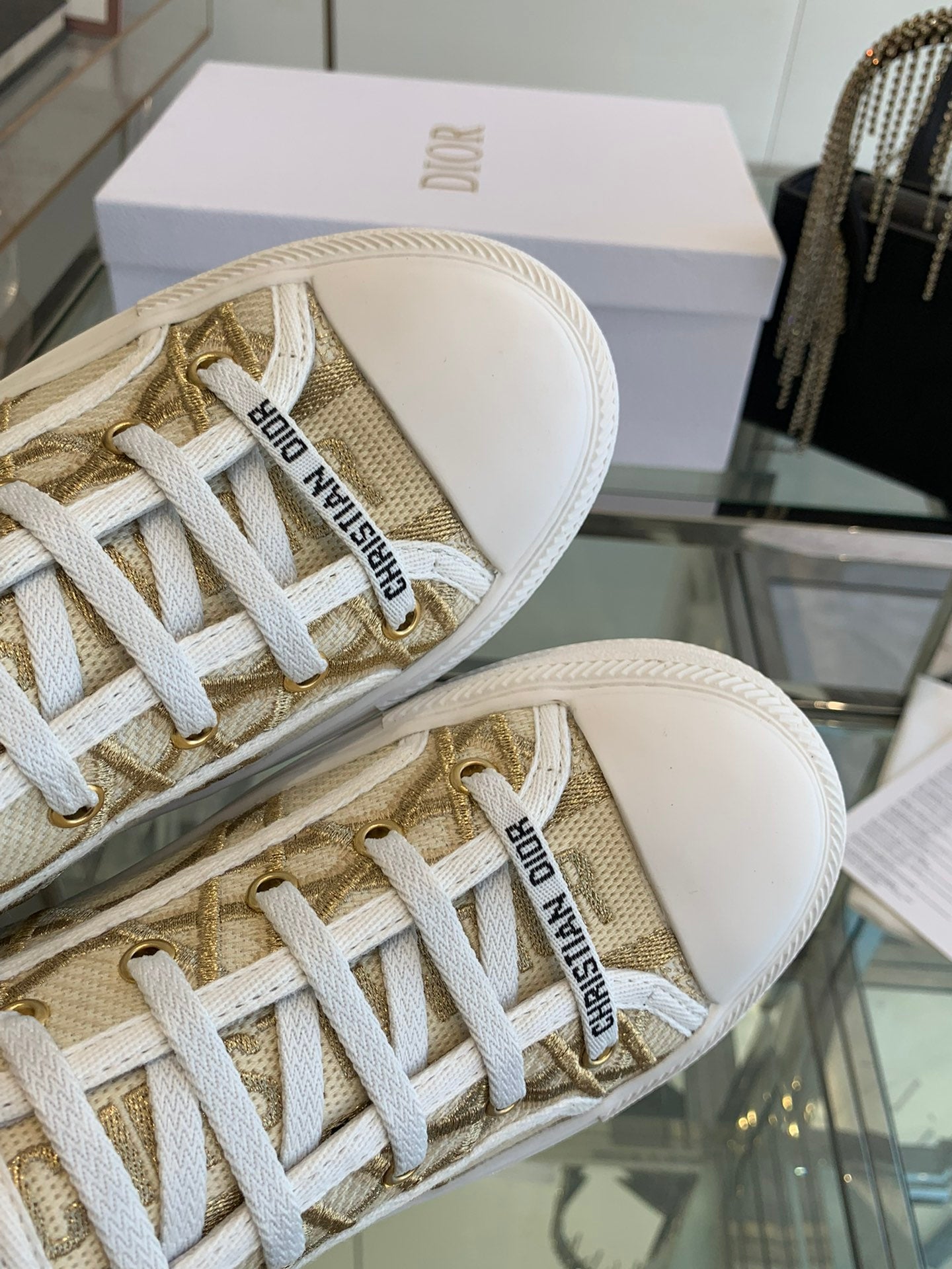 DIOR WALK'N PLATFORM SNEAKER IN BEIGE-GOLD TONE EMBROIDERED FABRIC