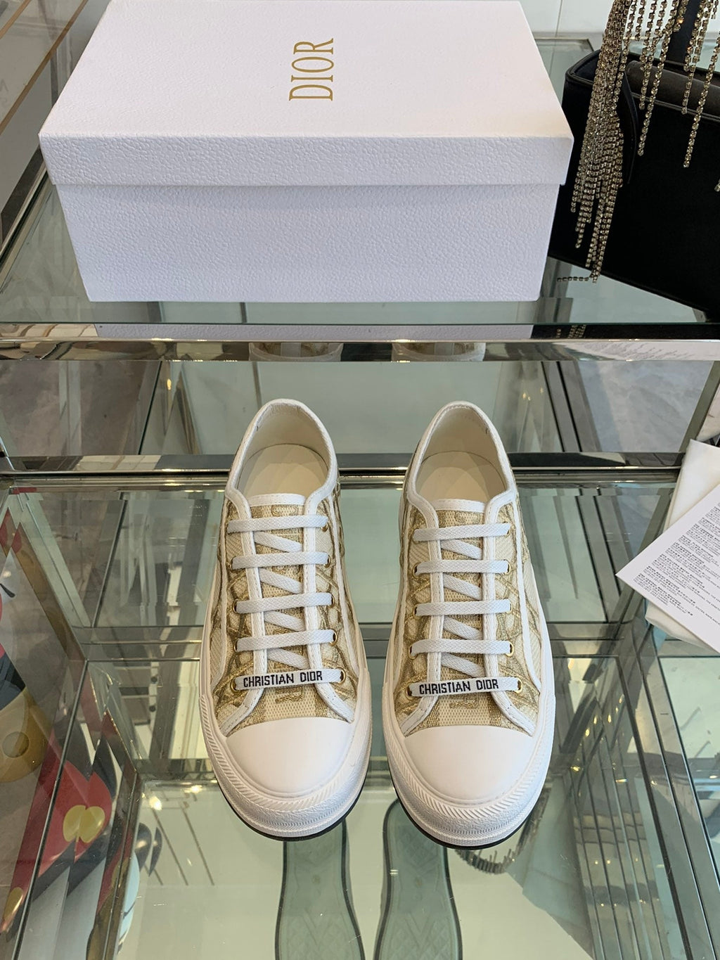 DIOR WALK'N PLATFORM SNEAKER IN BEIGE-GOLD TONE EMBROIDERED FABRIC