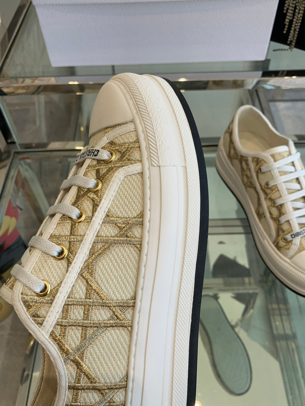 DIOR WALK'N PLATFORM SNEAKER IN BEIGE-GOLD TONE EMBROIDERED FABRIC