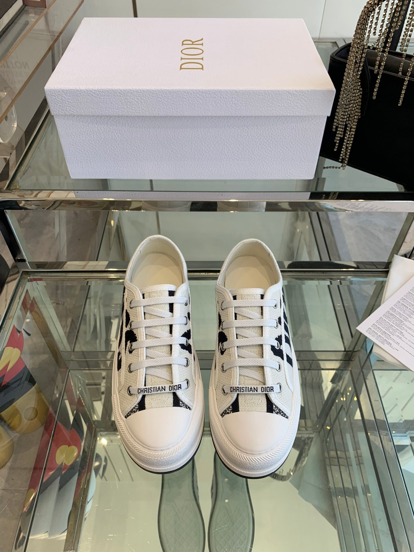 DIOR WALK'N PLATFORM SNEAKER IN WHITE AND BLACK EMBROIDERED COTTON