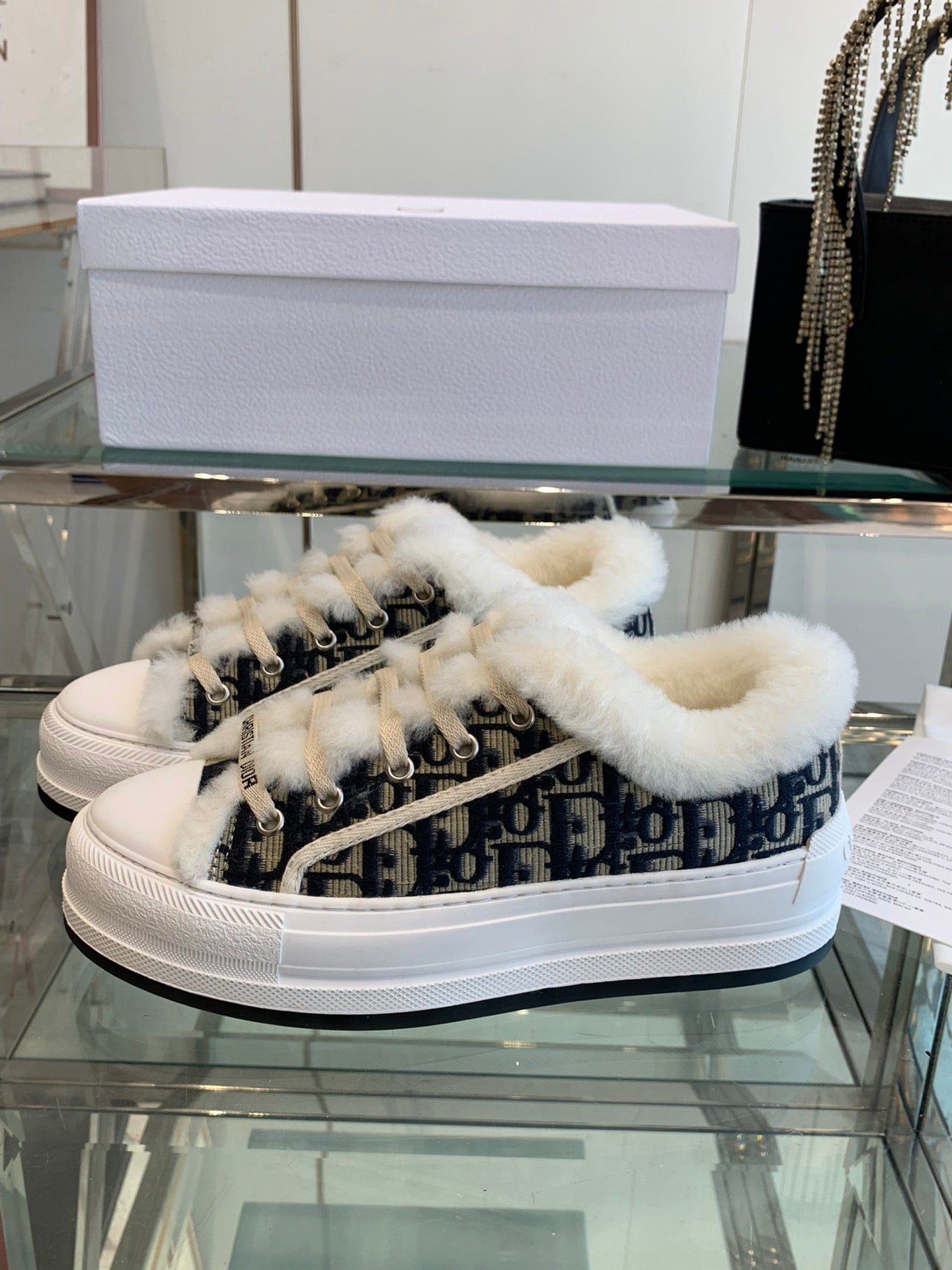 DIOR ALK'N PLATFORM SNEAKER CAMEL BROWN COTTON EMBROIDERED WITH OBLIQUE MOTIF AND WHITE SHEARLING