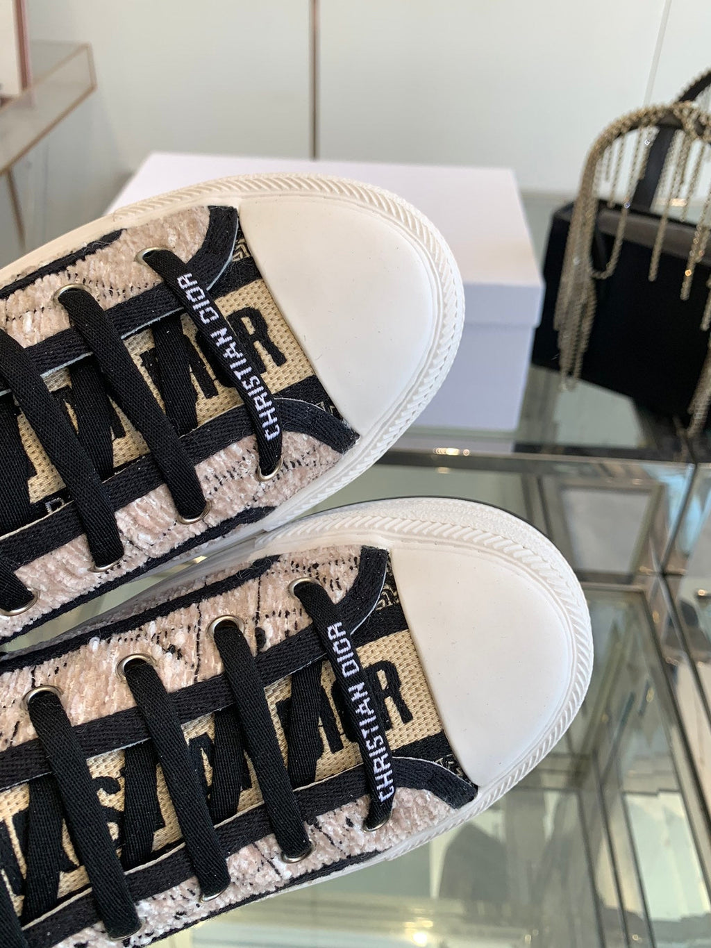 DIOR WALK'N PLATFORM SNEAKER BEIGE AND BLACK CANNAGE TWEED
