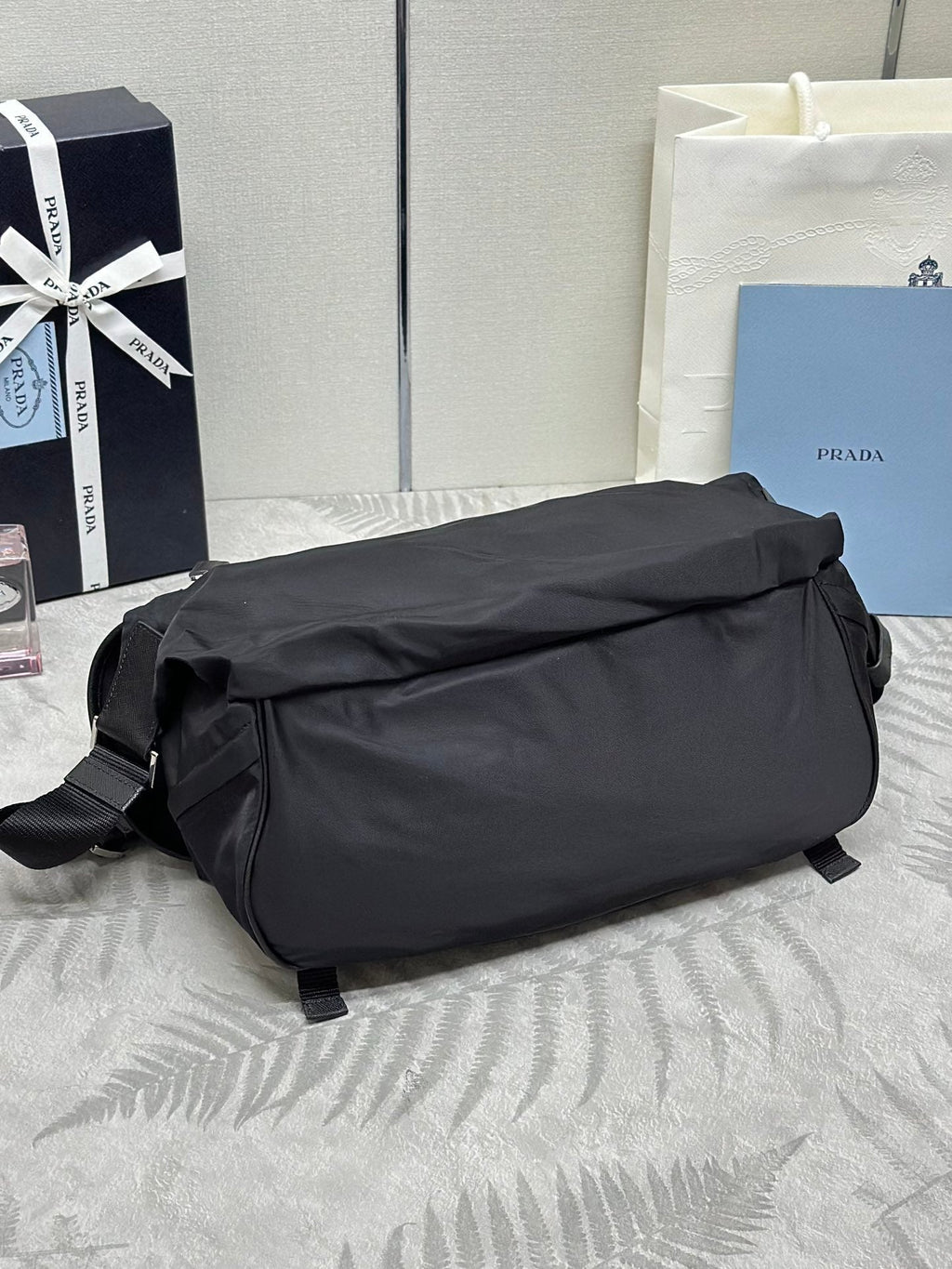 PRADA SHOULDER BAG 32 IN BLACK RE-NYLON TRIANGLE LOGO