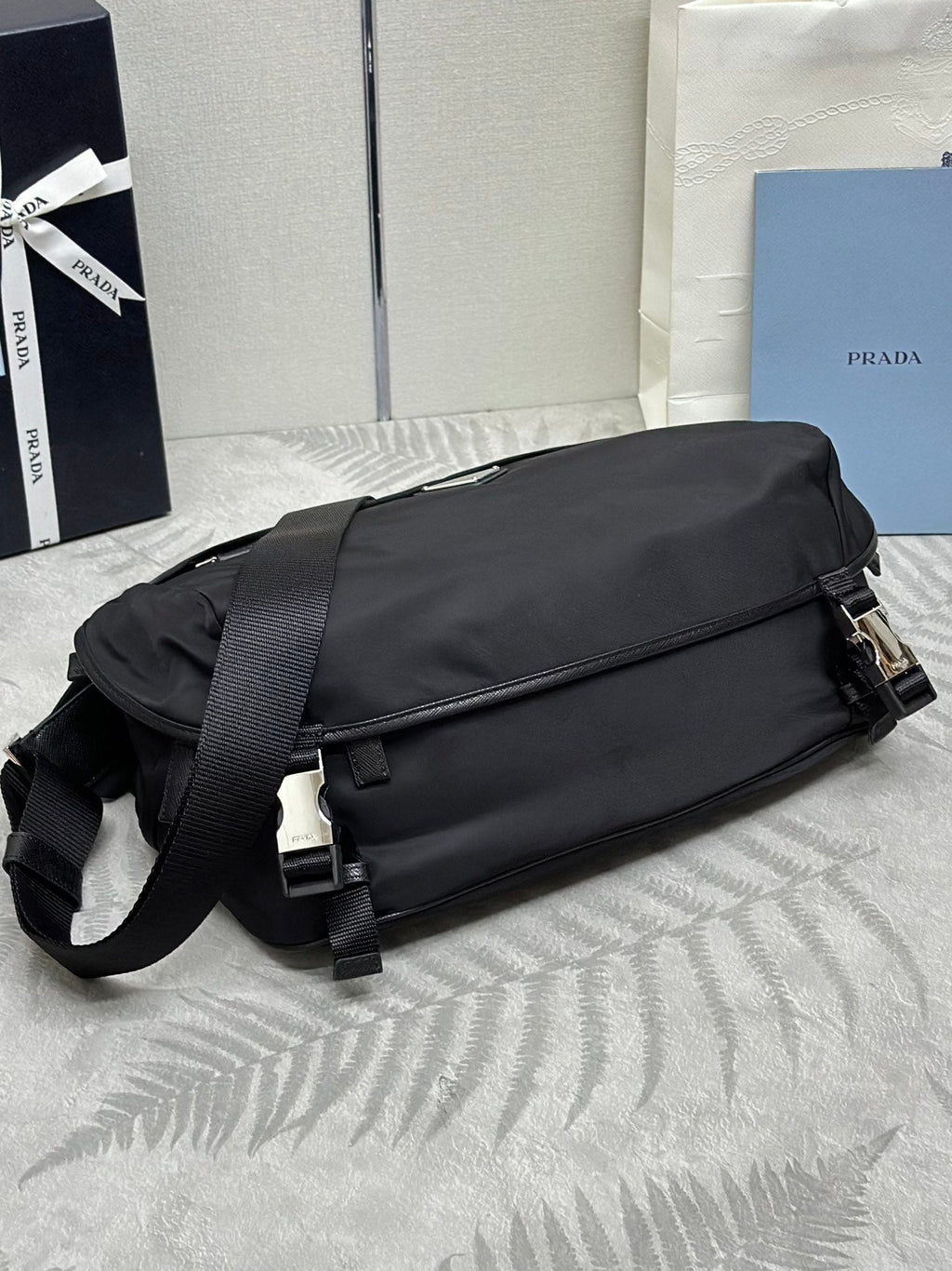PRADA SHOULDER BAG 32 IN BLACK RE-NYLON TRIANGLE LOGO