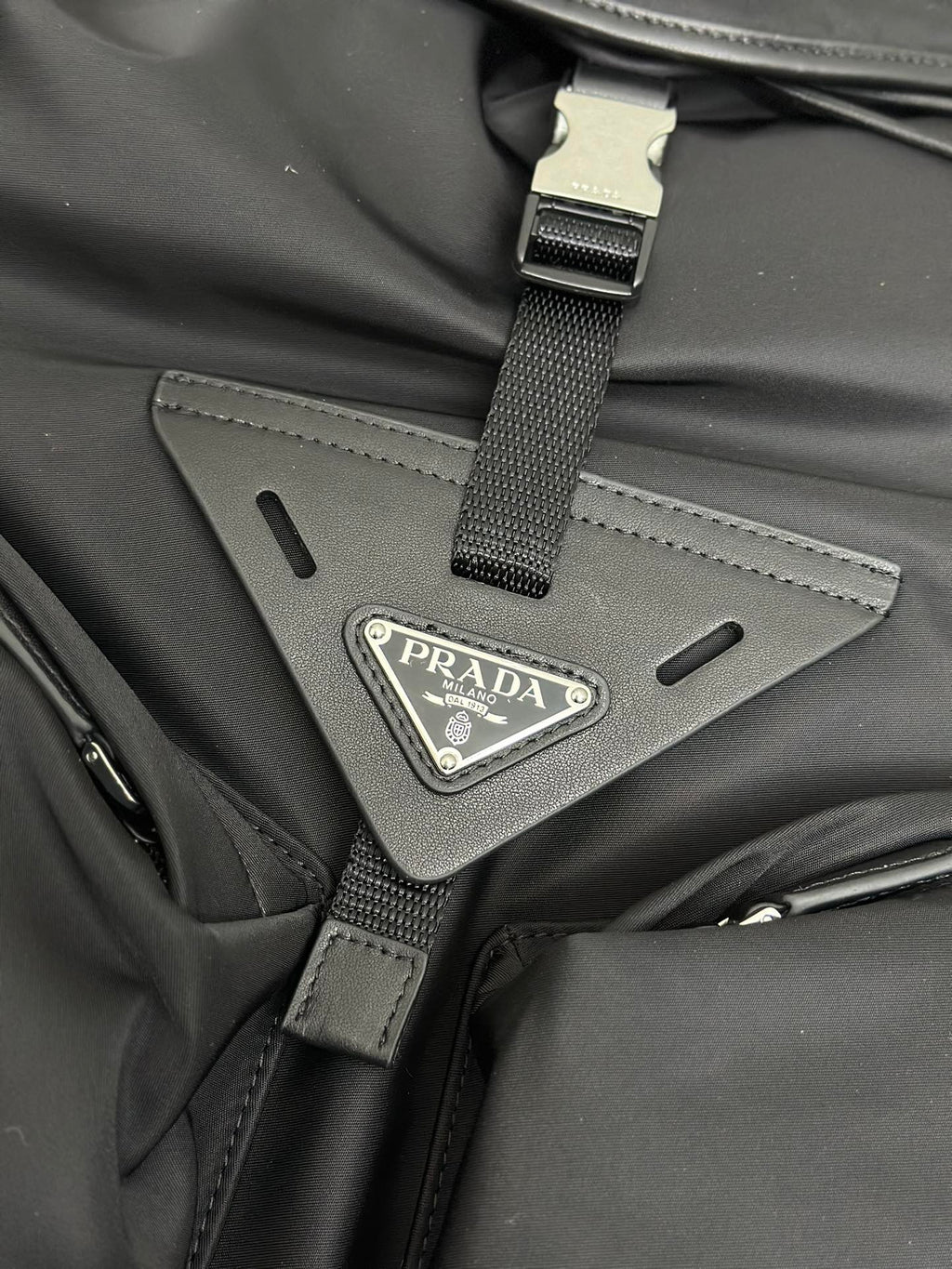 PRADA TRIANGLE LOGO BACKPACK 42 IN BLACK RE-NYLON