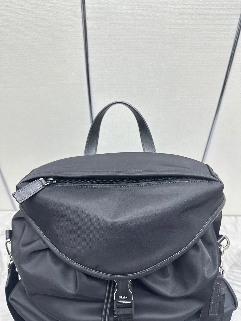 PRADA TRIANGLE LOGO BACKPACK 42 IN BLACK RE-NYLON