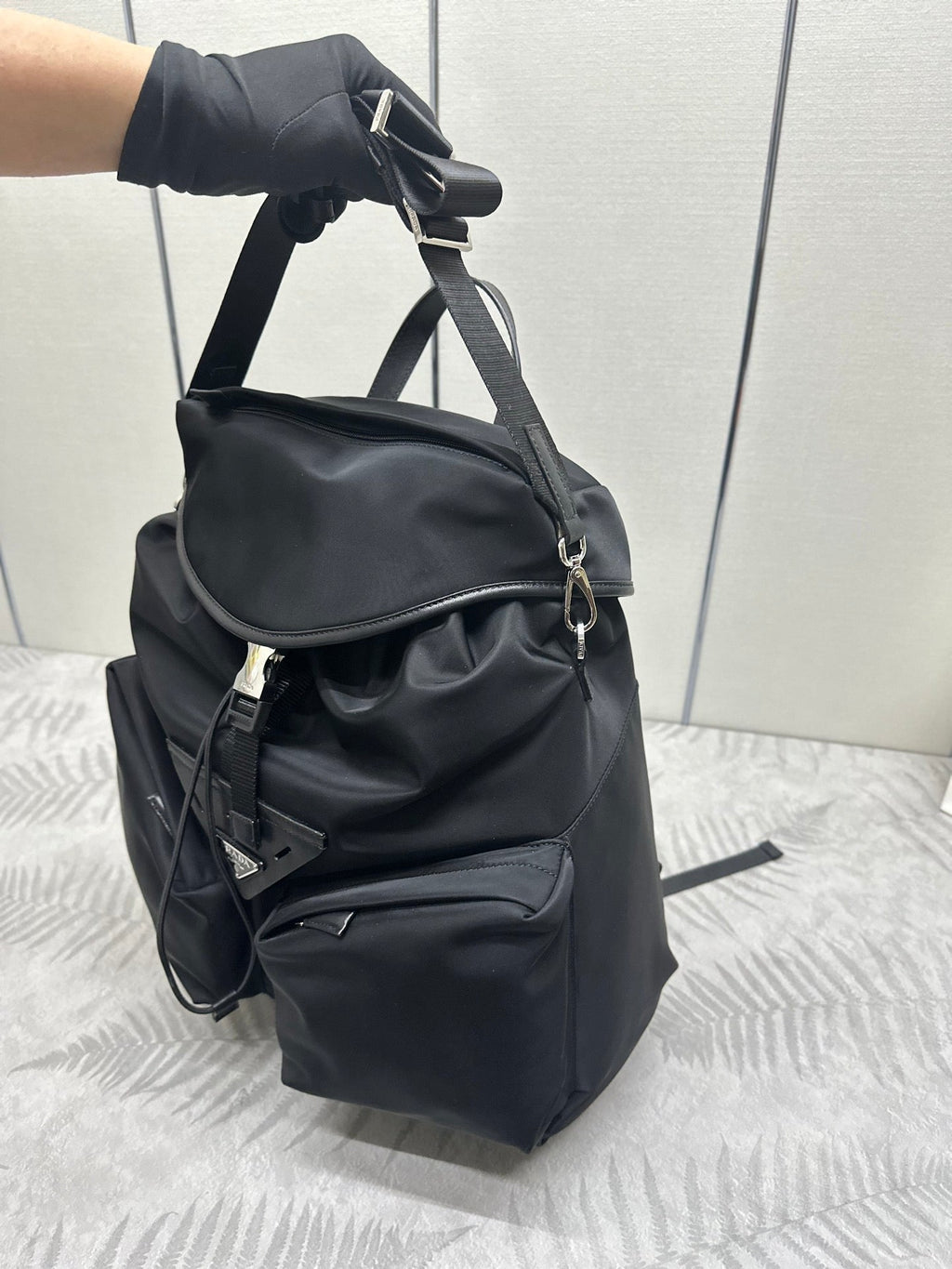 PRADA TRIANGLE LOGO BACKPACK 42 IN BLACK RE-NYLON