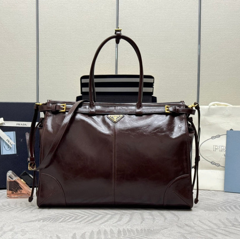 PRADA 25S BONNIE EXTRA-LARGE 42 IN RK BROWN GLOSSY CALFSKIN GOLD HARDWRE