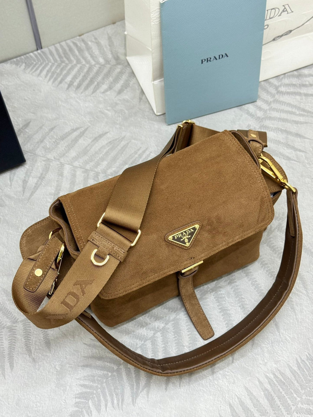 PRADA 25S EXPLORE MEDIUM SHOULDER BAG 30 IN CINNAMON SUEDE WITH FLAP