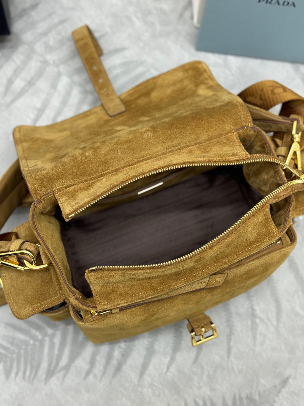 PRADA 25S EXPLORE MEDIUM SHOULDER BAG 30 IN RK GOLDEN BROWN SUEDE WITH FLAP