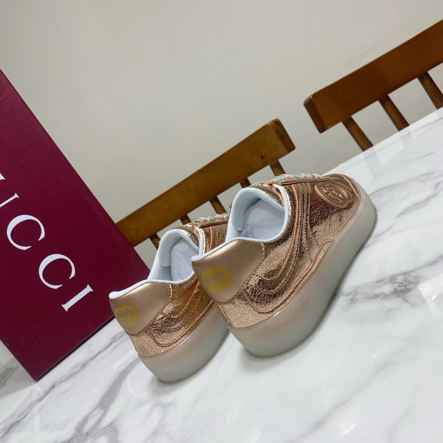 GUCCI 26S SNEAKER IN ROSE GOLD METALLIC CALFSKIN