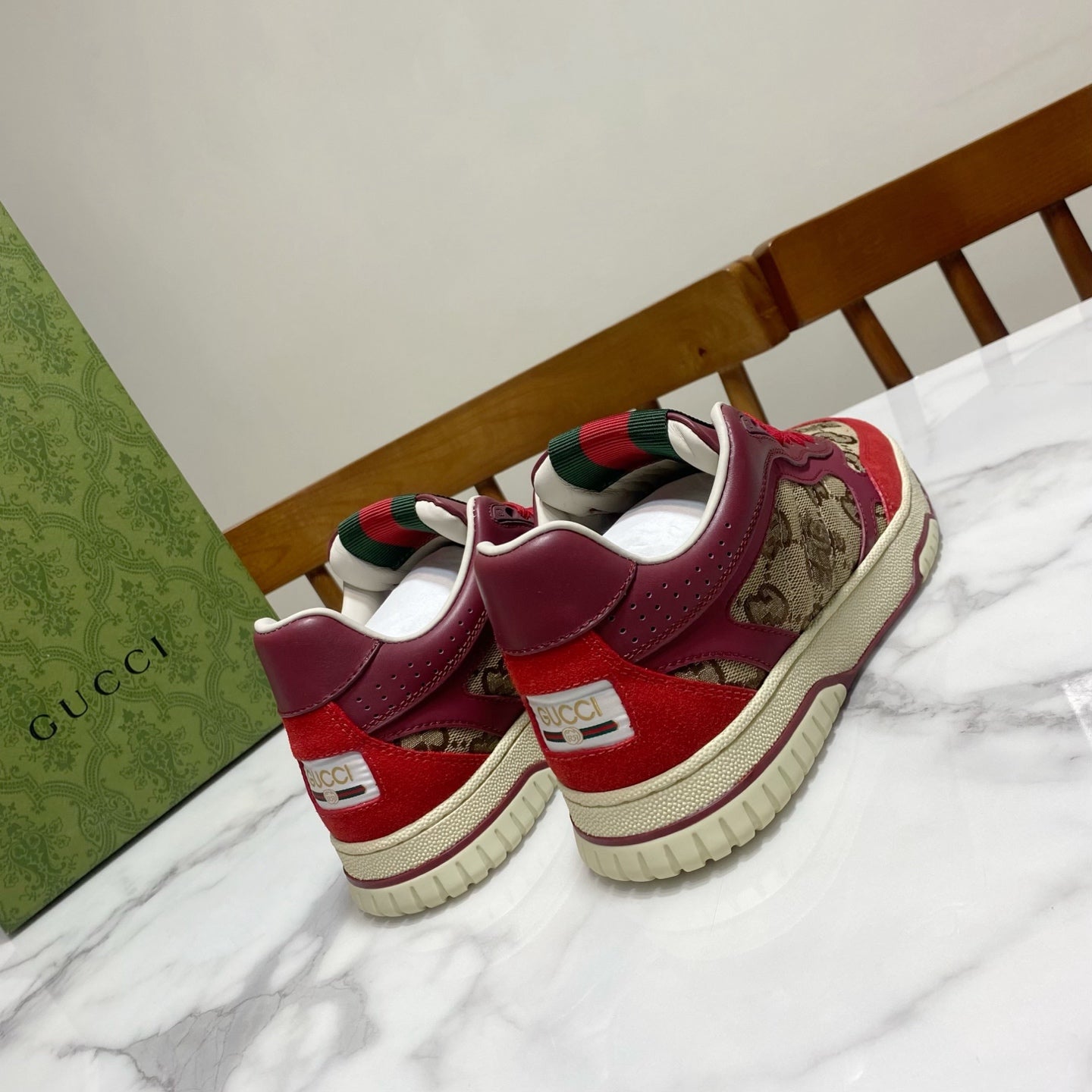 GUCCI 26S RE-WEB TRAINER SNEAKERS IN RED CALFSKIN AND BEIGE CANVAS