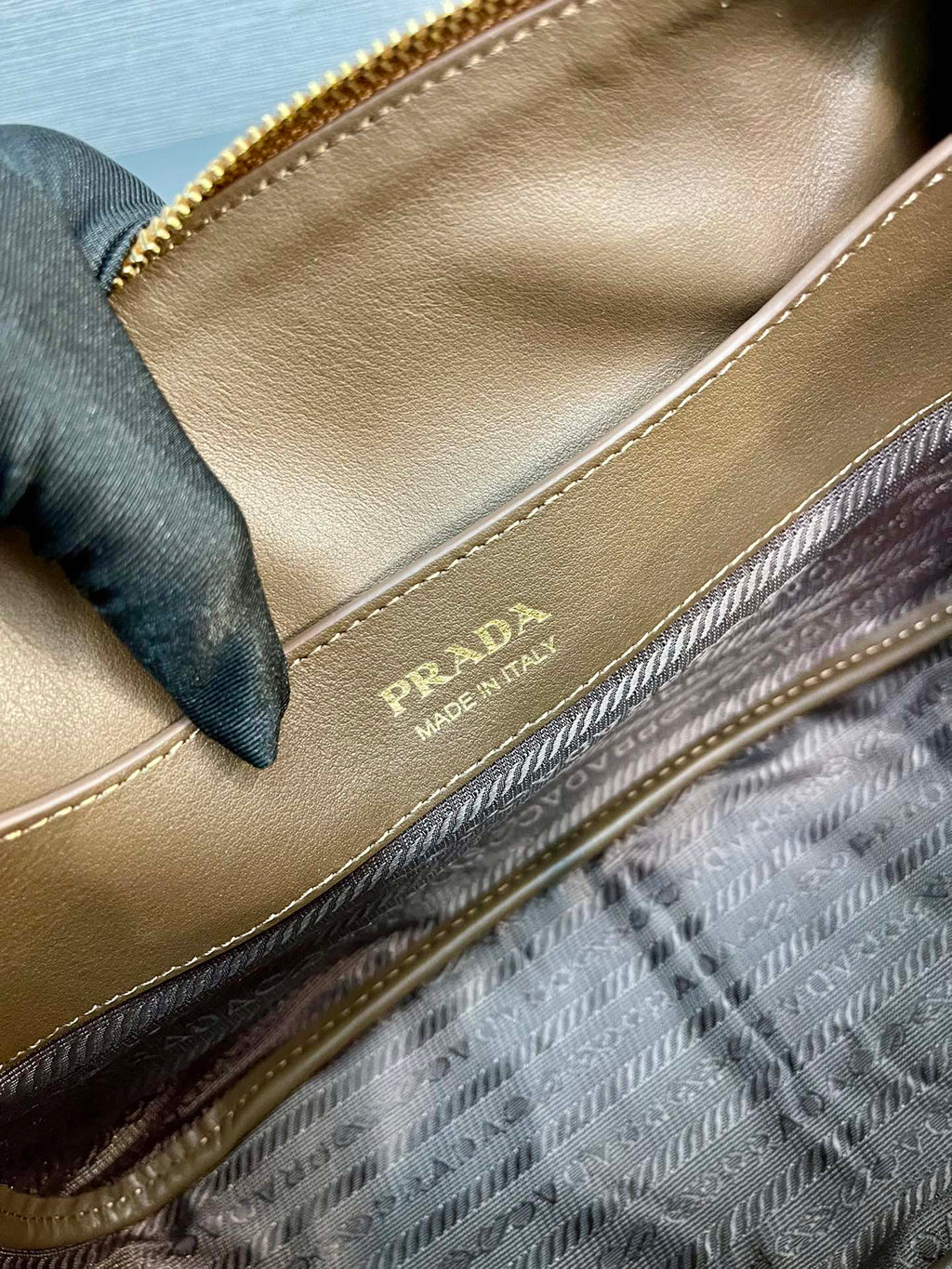 PRADA SHOULDER BAG 28 IN TAWNY BROWN SUEDE GOLD LOGO