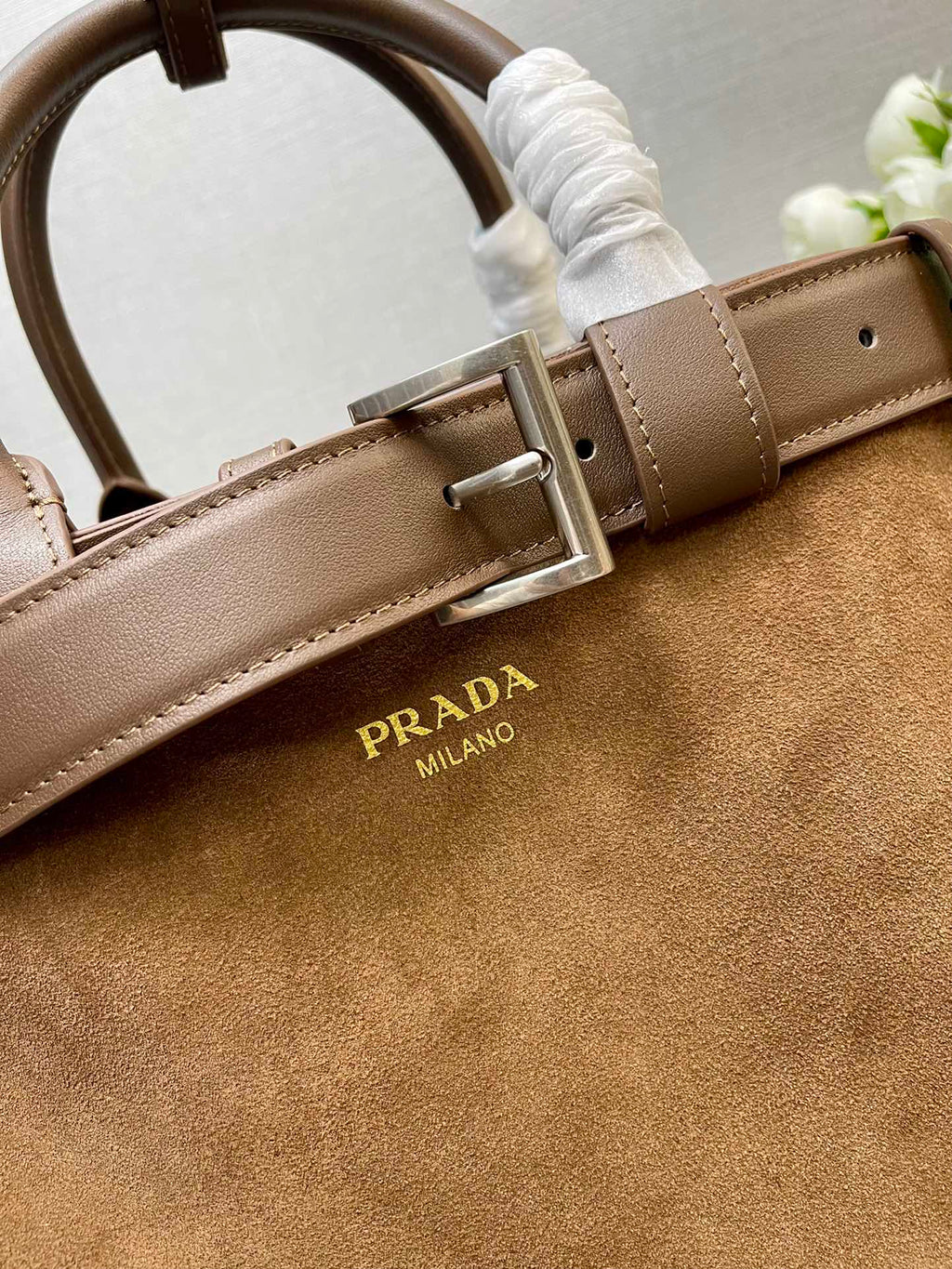 PRADA MEDIUM TOTE BAG WITH BELT 35 IN RUSSET BROWN SUEDE