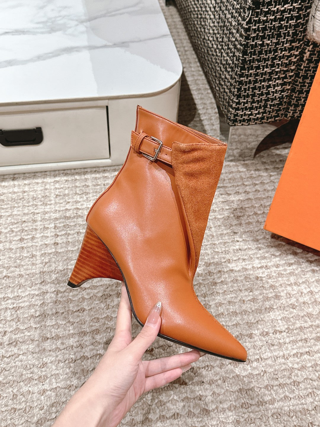 HERMES HILONA 6 CM ANKLE BOOTS IN BRONZE BROWN CALFSKIN AND SUEDE