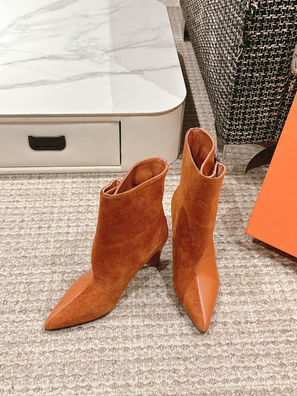 HERMES HILONA 6 CM ANKLE BOOTS IN BRONZE BROWN CALFSKIN AND SUEDE