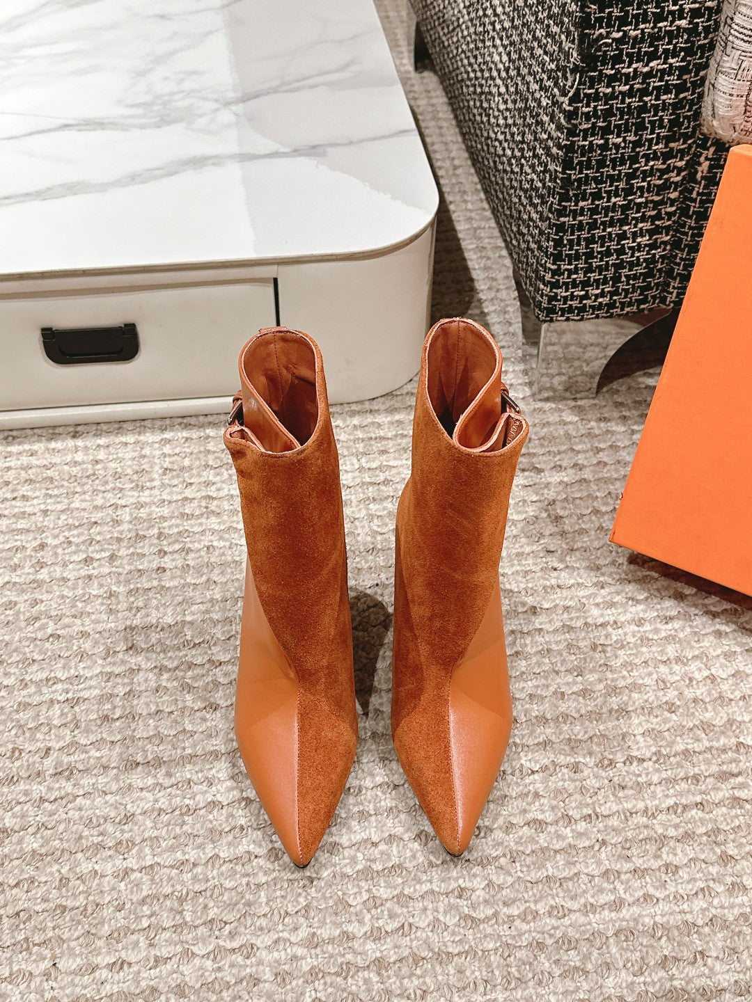 HERMES HILONA 6 CM ANKLE BOOTS IN BRONZE BROWN CALFSKIN AND SUEDE
