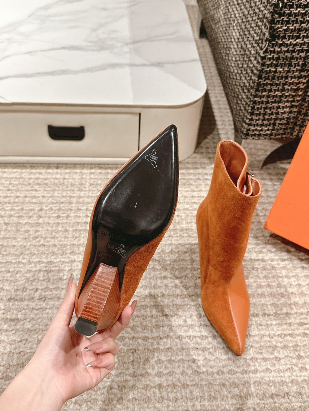 HERMES HILONA 6 CM ANKLE BOOTS IN BRONZE BROWN CALFSKIN AND SUEDE