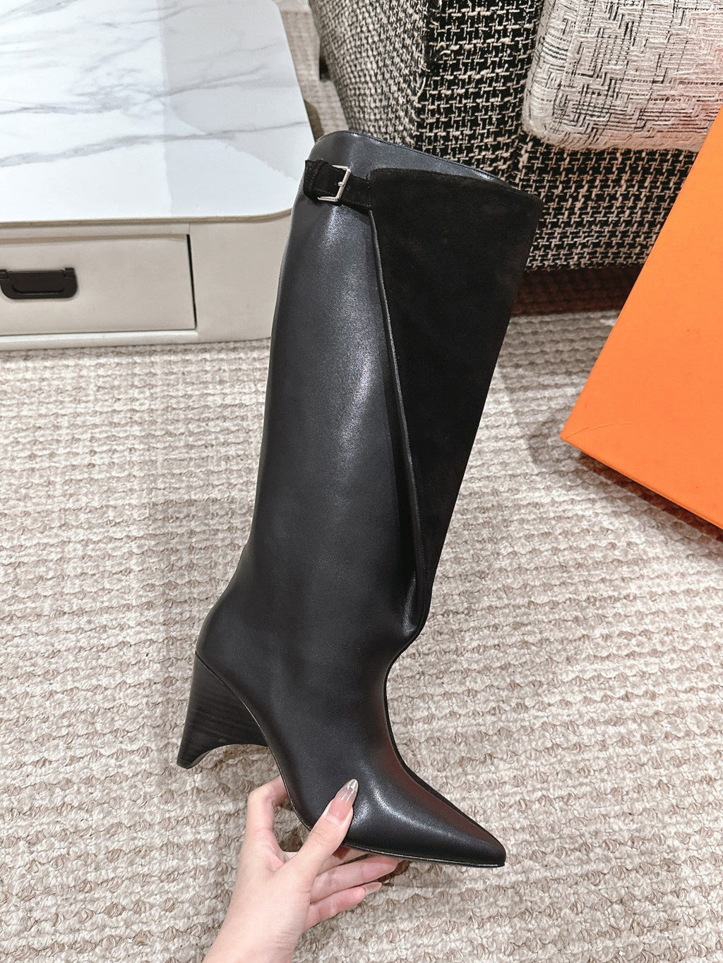 HERMES HILONA 6 CM BOOTS IN BLACK CALFSKIN AND SUEDE
