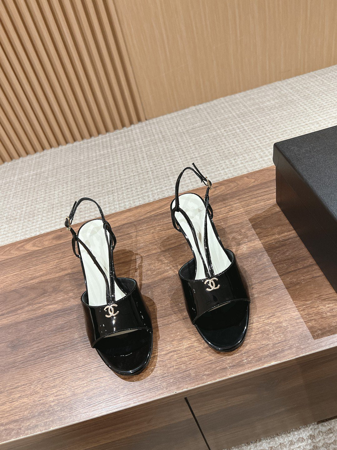 CHANEL high heel 70 sandals black white patent calfskin