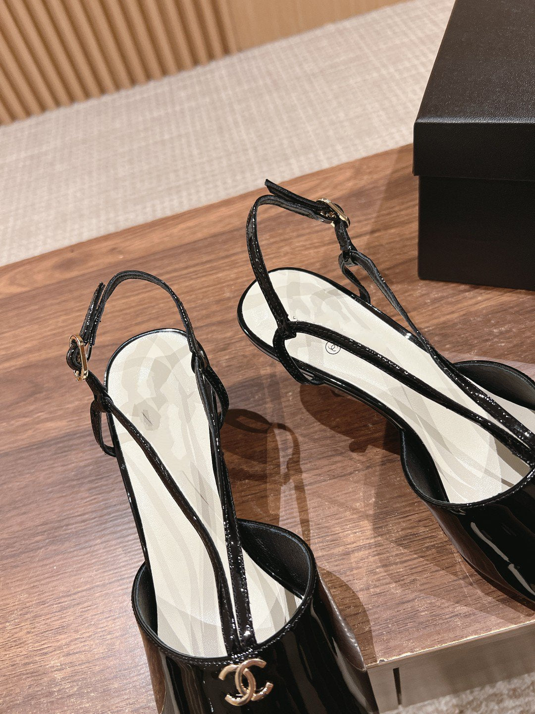 CHANEL high heel 70 sandals black white patent calfskin