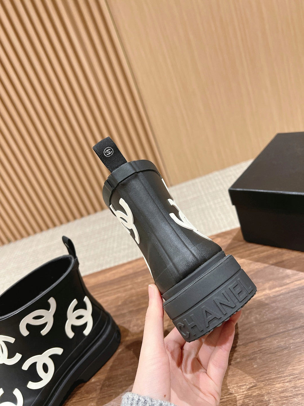 CHANEL RAIN BOOTS BLACK TPU WITH WHITE LOGO