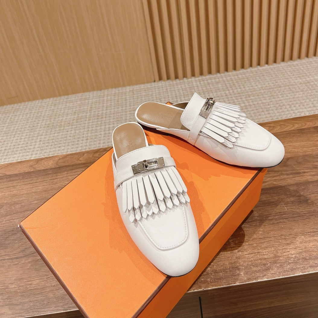 HERMES 0Z Mule Fringed White