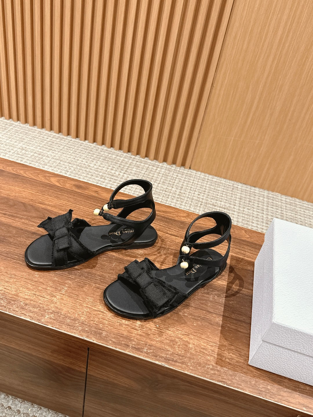DIOR AABLE SANDALS 25S IN BLACK FABRIC AND LAMBSKIN WITH PEARL DETAILING
