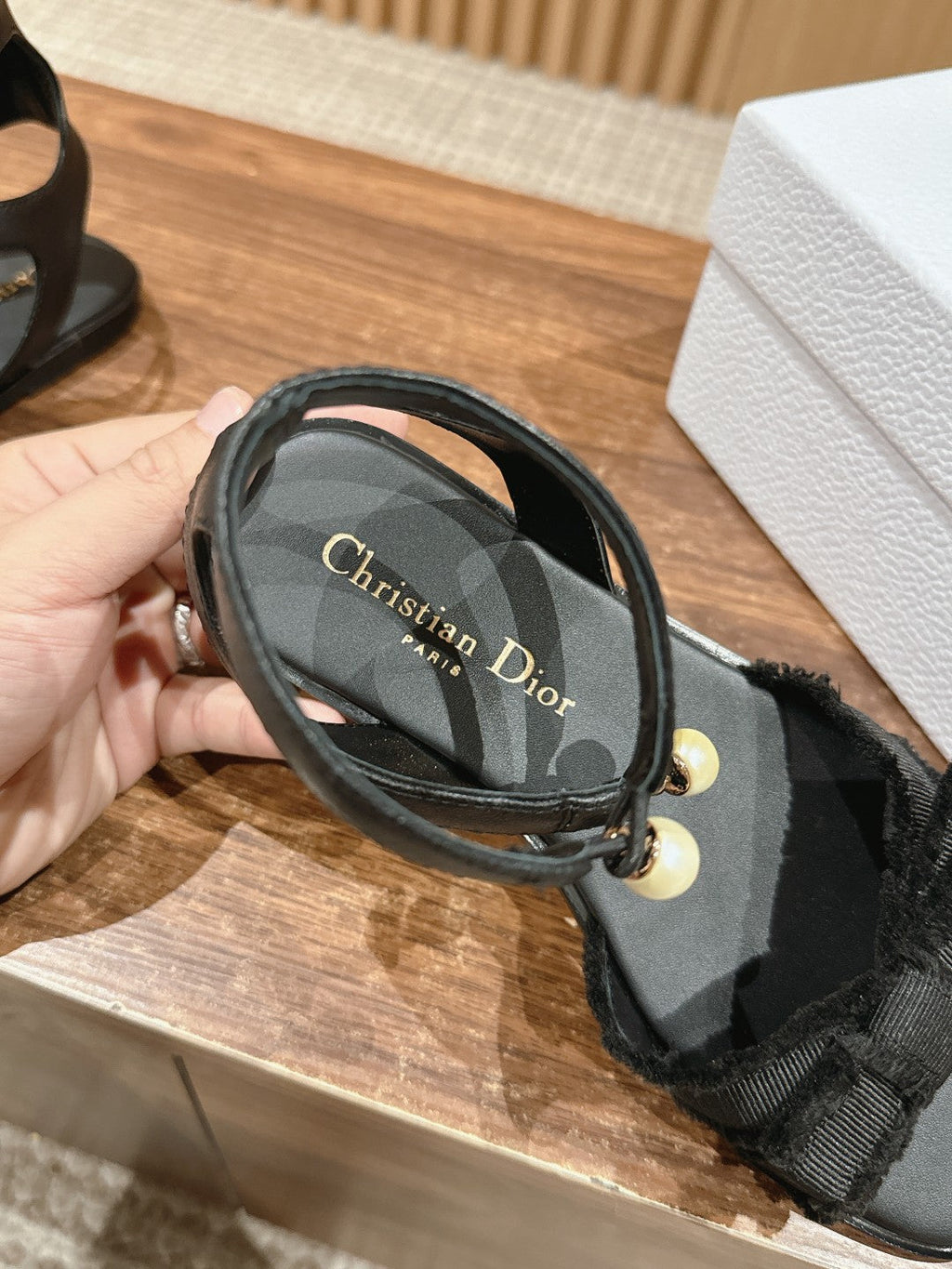 DIOR AABLE SANDALS 25S IN BLACK FABRIC AND LAMBSKIN WITH PEARL DETAILING