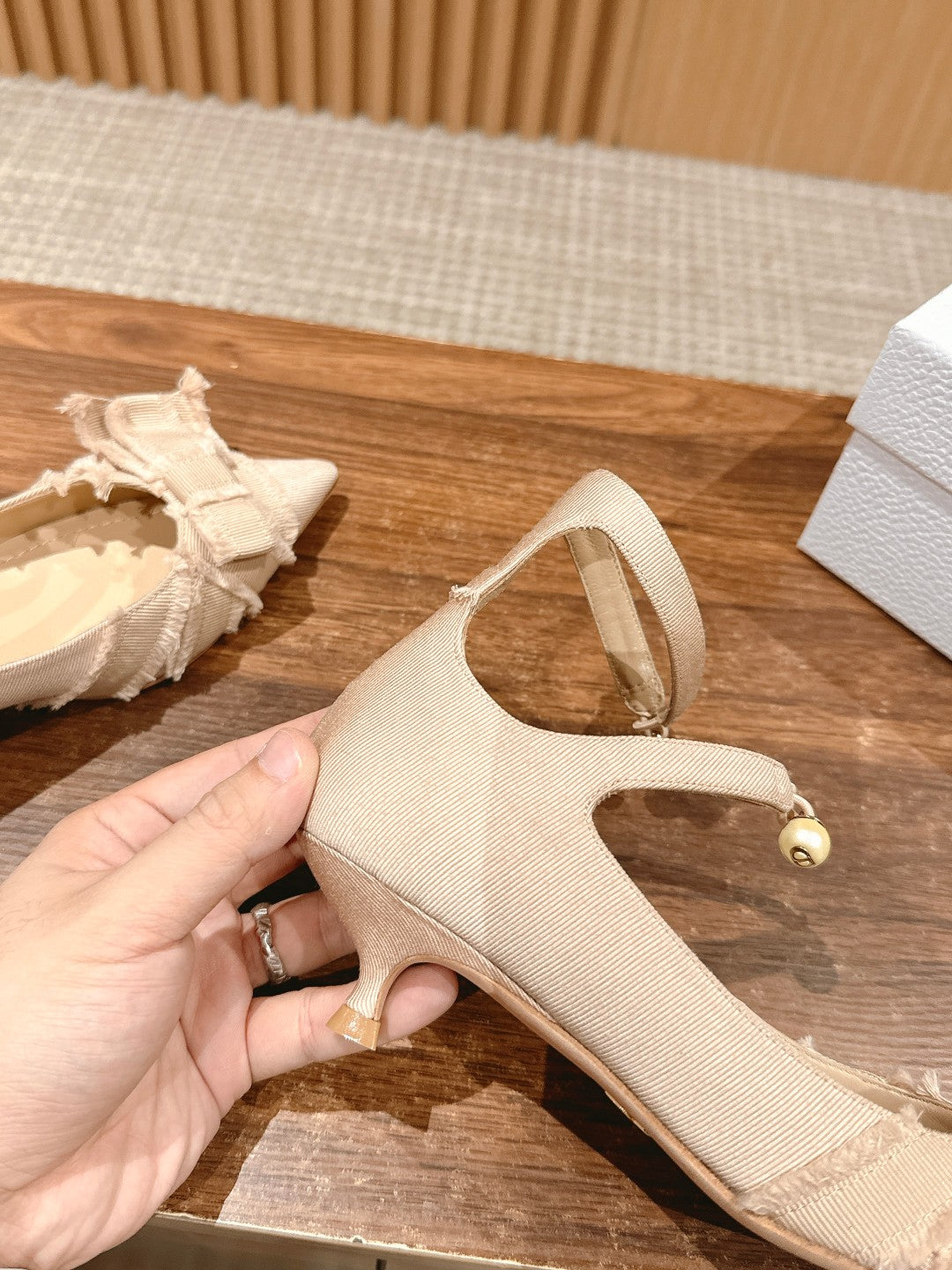 DIOR AABLE HIGH HEEL 25S IN LIGHT BEIGE FABRIC WITH PEARL DETAILING